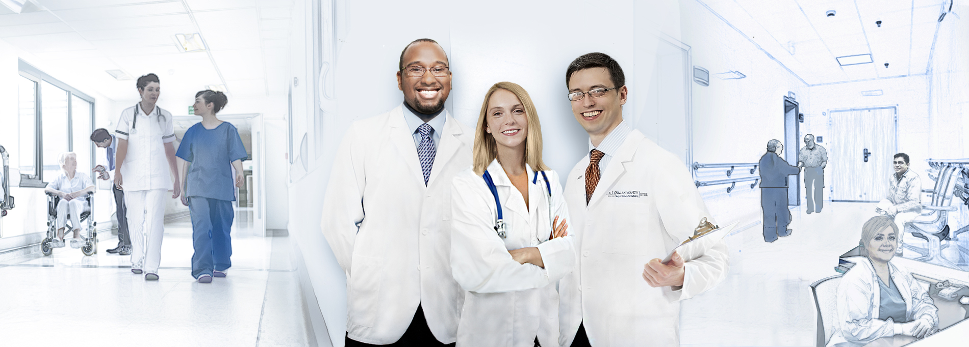 Three physicians standing in a clinic setting